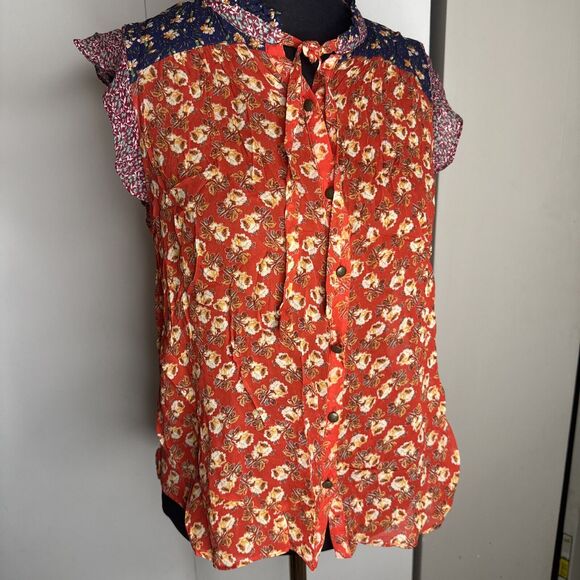 Anthropologie Meadow Rue Floral Blouse Size 8 Multicolor Ruffle Sleeve Flutter - Picture 1 of 11